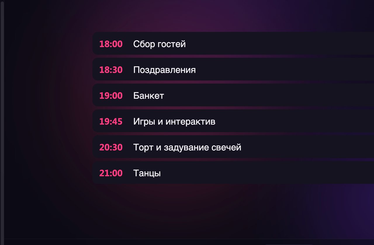 Тайминг вечера с расписанием на большом экране