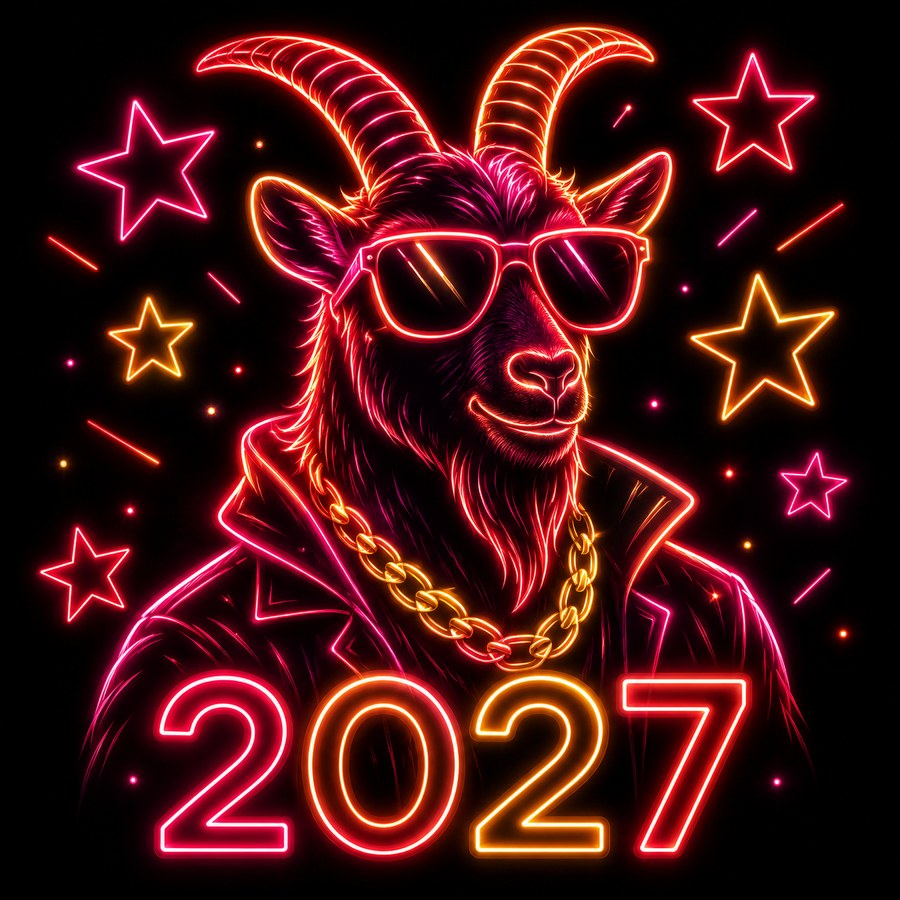 Неоновая коза в очках и надпись 2027 для молодёжной вечеринки